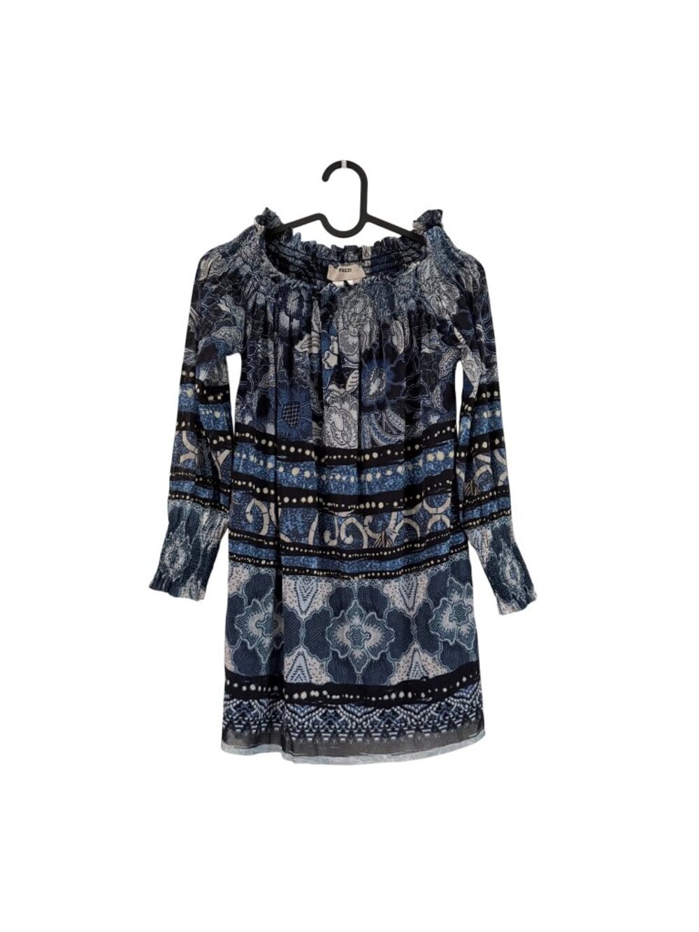 Fuzzi Jean Paul Gaultier Blue Black Floral Smocked Off Shoulder Blouse Small